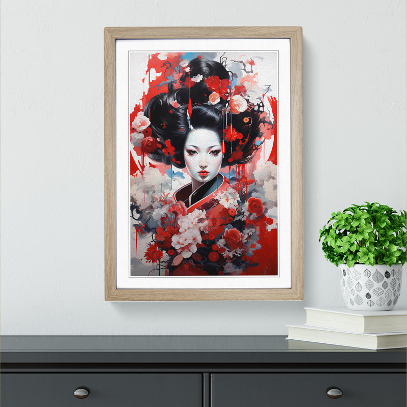 Geisha Neo Plasticism Art - Framed Print, 46cm H x 34cm W, Oak Framed