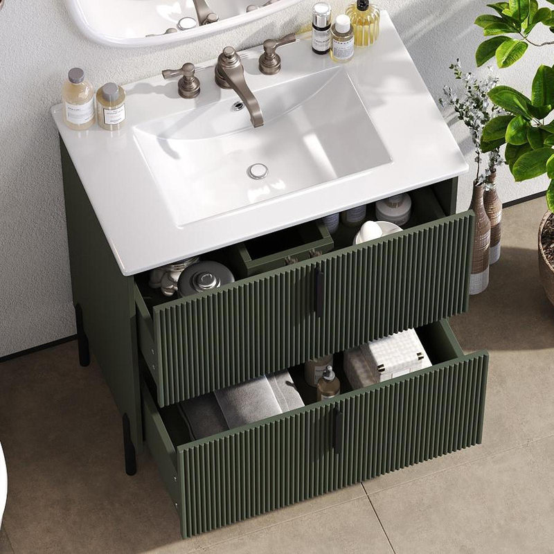 Meuble-lavabo de 30 po avec lavabo en céramique et tiroirs pleine extension, glissières de tiroir à fermeture en douceur, conception cannelée, vert