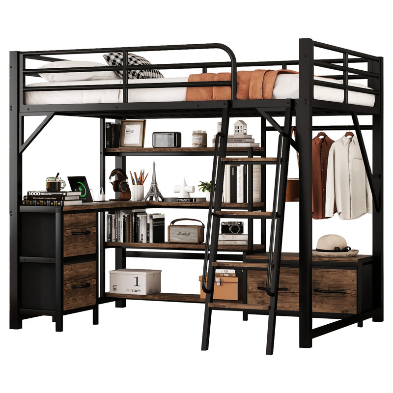 Lit mezzanine double avec bureau et tablettes de rangement, lumières à DEL en métal, garde-robe d'escalade sécuritaire pour station de charge, support robuste pour les charges lourdes
