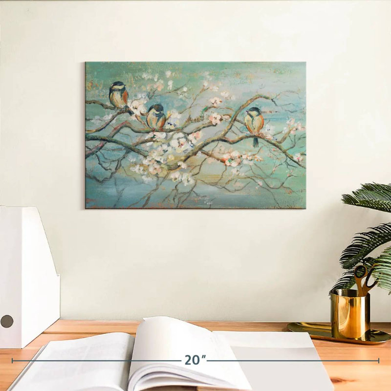 Branche de printemps Brampt avec oiseaux, H 8 po x l 12 po