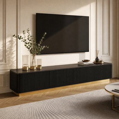 Meuble télé cannelé pour téléviseur de 85 po, console multimédia en faux marbre avec 4 tiroirs, meuble audio-vidéo moderne avec base dorée pour le salon, noir