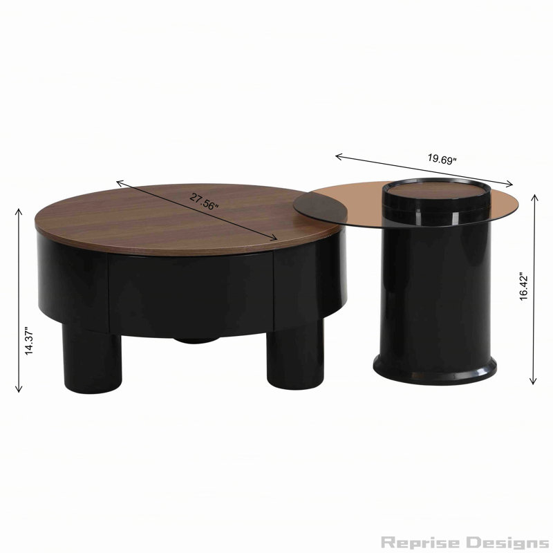 Ensemble de deux tables basses gigognes rondes, Plateau noir / structure noire