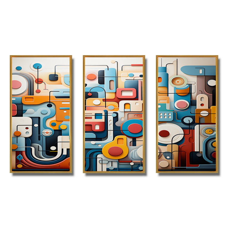 Fusion abstraite bleue et jaune - art mural abstrait, Cadre flottant doré, H 28 po x l 36 po x P 1 po