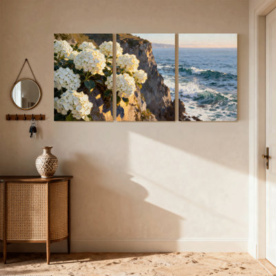 Hydrangées fleurs, roches, vagues océan, coucher de soleil, réflexion, beauté naturelle, ensemble de 3 impressions sur toile