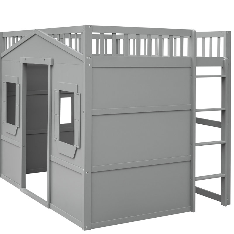 Lit mezzanine double avec - Gris, fait de bois massif pour la longévité gris, offrant une solution de chambre à coucher à la mode