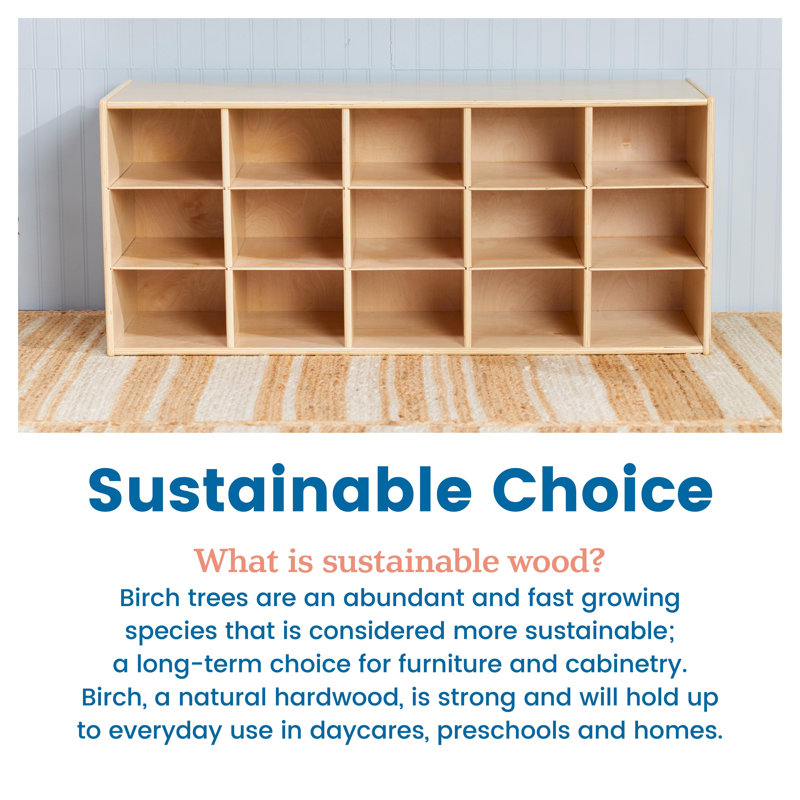 Natural Birch 15-Cubby Tray Storage Cabinet for Kids