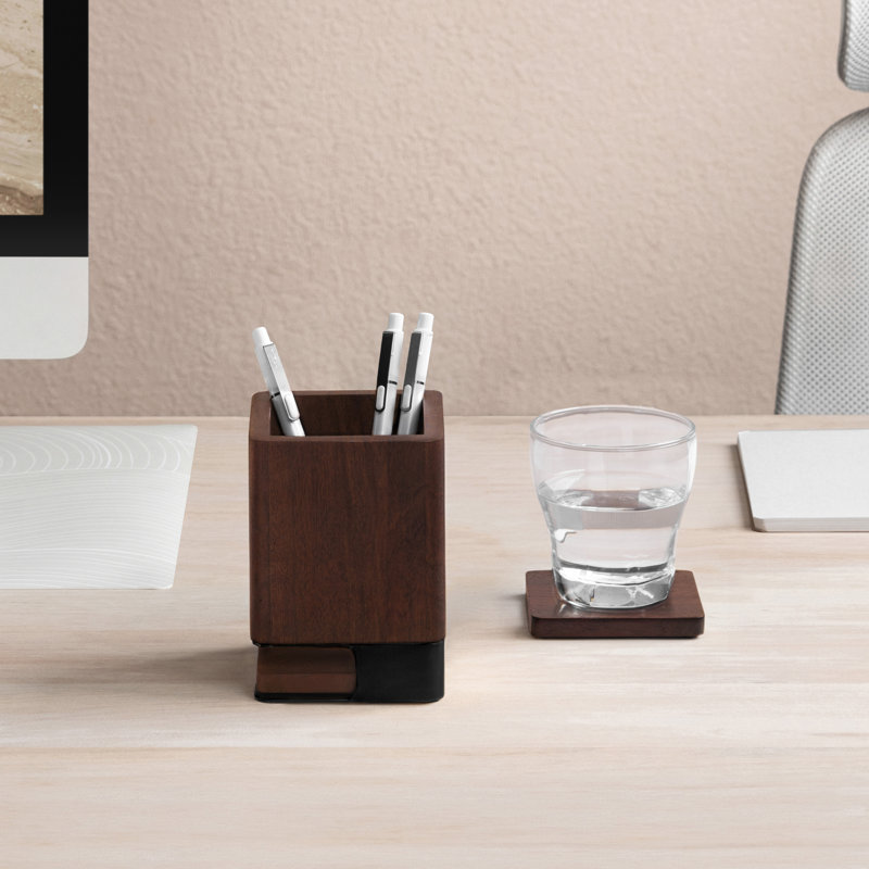 Solid Wood Pen Holder with 2 Coasters, Walnut/Black
