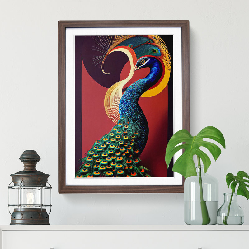 Classy Peacock - Single Picture Frame Print, 64cm H x 46cm W x 2cm D, Walnut