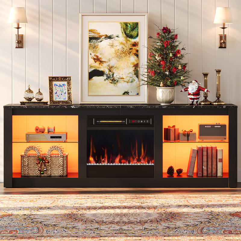 Fireplace TV Stand For Tvs Up To 80" With 36"W Electric Fireplace Heater,Cabinets & Open Storage, Black Marble