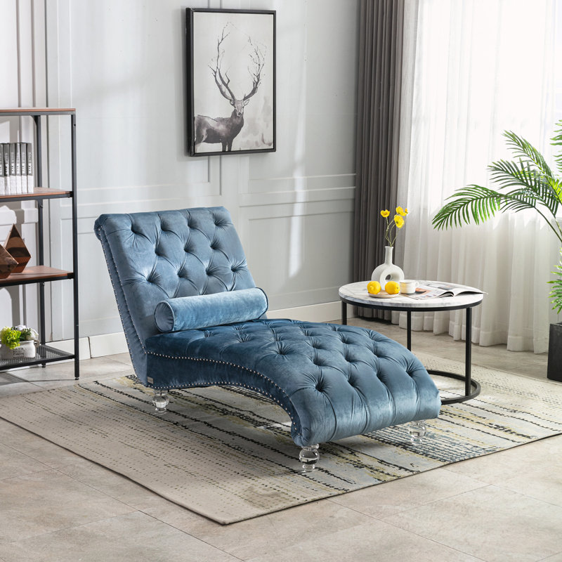 Chaise longue capitonnée à boutons, Bleu clair