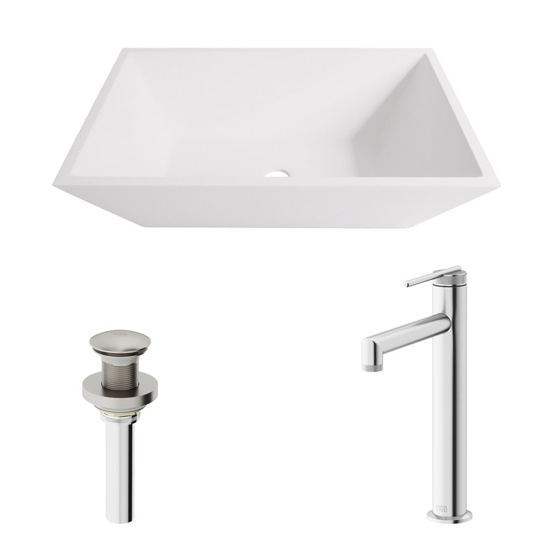 Vinca 18" L x 14" W x 5" H Rectangular White Matte Stone Vessel Bathroom Sink with 11" H Faucet