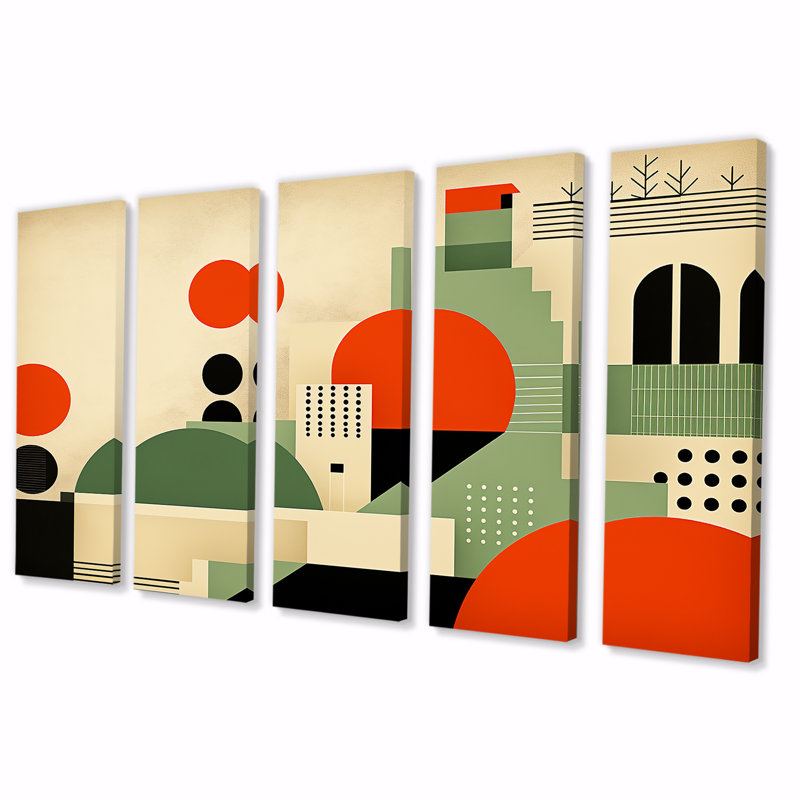Transcendent City Shapes Collages - Abstract Collages, art mural 5 pièces, H 28 po x l 60 po