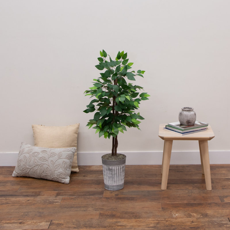 3 pi. Ficus artificiel à double tronc en pot de fleurs en métal