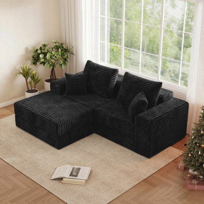 75'' L-Shaped Cloud Modular Sectional Compression Couch With Chaise, Modern Corduroy Deep Seat Fluffy Sleeper Sofa, Black