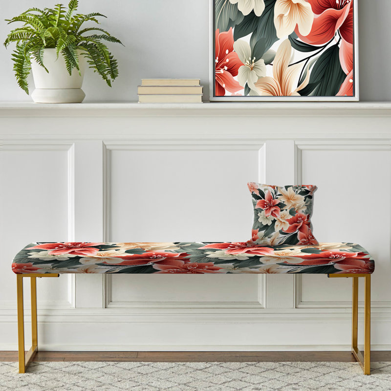 Subdued Coral Tropical Pattern - Tropical Upholstered Gold Bench