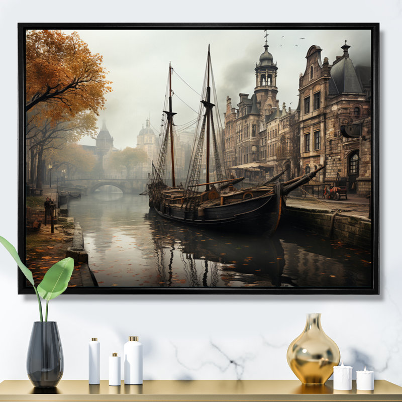 Beige canal rétro - sépia, H 34 po x l 44 po x P 1,5 po, Cadre flottant noir