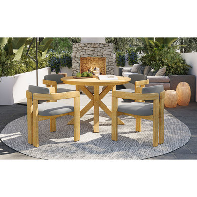 Ensemble de salle à manger d'extérieur 5 pièces en bois d'acacia, table de patio en bois massif avec 4 chaises demi-tonneau, sièges et dossiers rembourrés, ensemble de conversation de jardin moderne, coussin gris