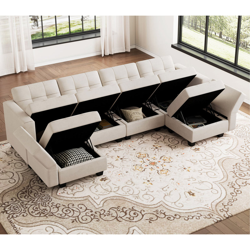 Buckleton 116.6'' Wide Tufted Velvet Sectional Sofa Reversible Modular Couch with Storage Ottoman, Beige Velvet