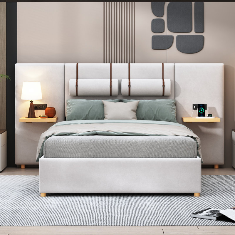 Queen Size Upholstered Platform Bed with Built-in Pillows, Side Storage Shelves, Power Outlets & USB Ports, Beige, Beige