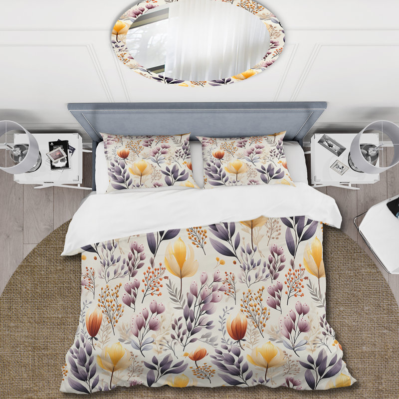 Ensemble de housse de couette mauve à motif floral antique, Housse de couette simple + 1 taie décorative stan