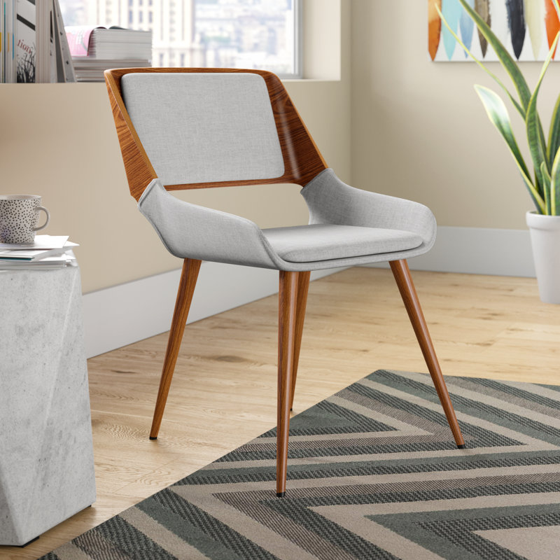 Almar Mid-Century Upholstered Dining Chair in Walnut Finish with Open Lower Back, Gray Tweed