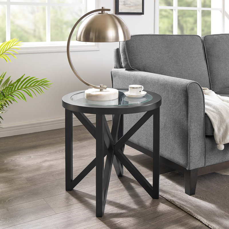 Glass Coffee Table with Solid Wood Base, Black, 22.62" H x 22.13" W x 22.13" D