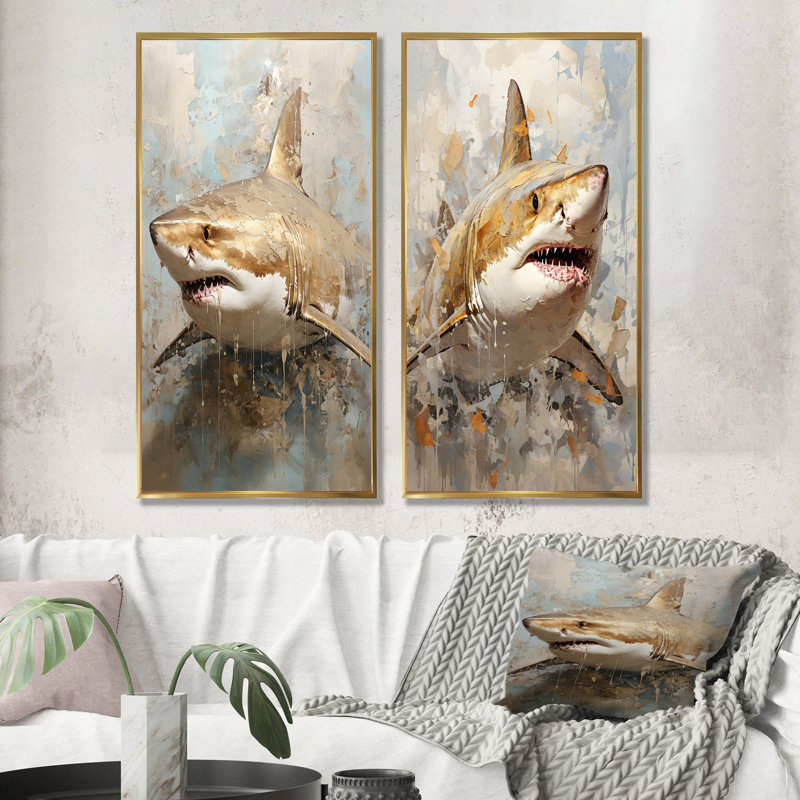 Minimalism Shark Painting In Golden Beige - Shark Wall Art Living Room Set Of 2, 28" H x 25" W, Gold Framed