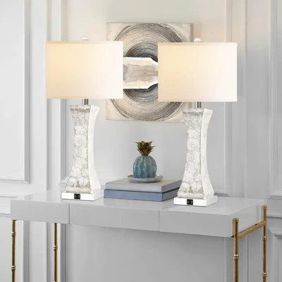 Set Of 2 Touch Control Table Lamps, 28-Inch Tall Coastal White Bedside Lamp With 2 USB Ports
