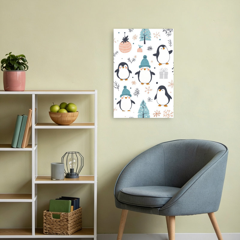 Cute Winter Penguins Playful Abstract Contemporary Penguin Winter Landscape Wall Art Print 1 Piece Wrapped Canvas Wall Art