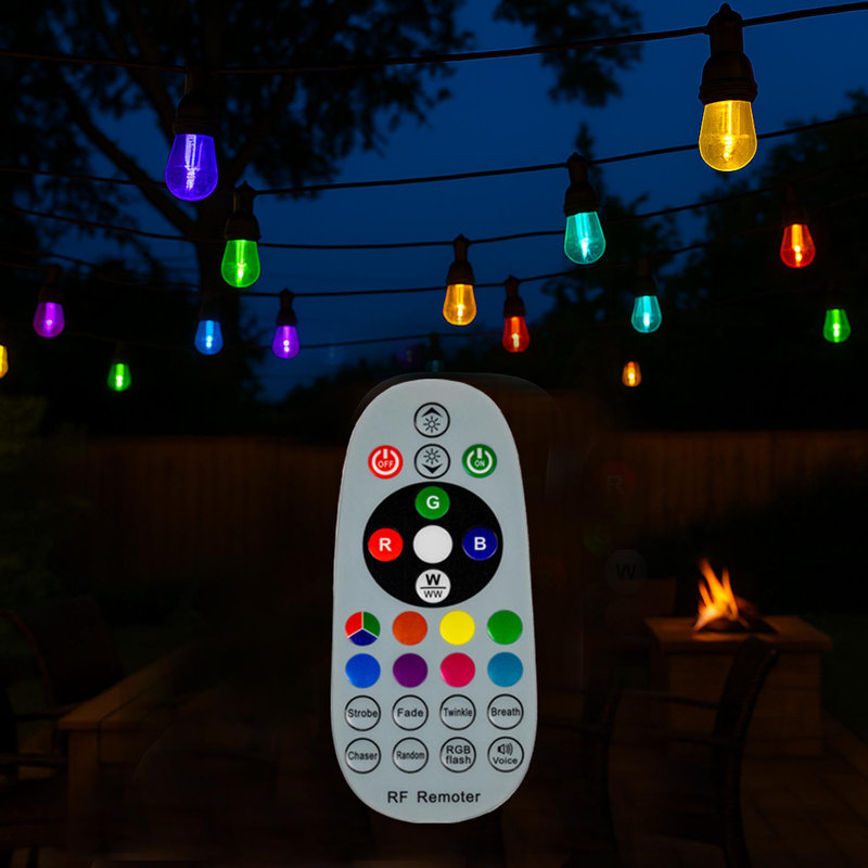 Outdoor Color Changing LED S14 String Lights with Remote, 24 Feet RGB, 12 Shatter Resistant Bulbs on Wire, Black