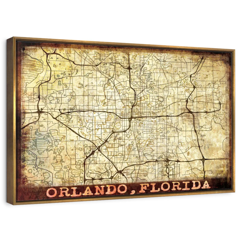 Rétro carte de la ville de Orlando, Cadre flottant doré, 40 po x 27 po