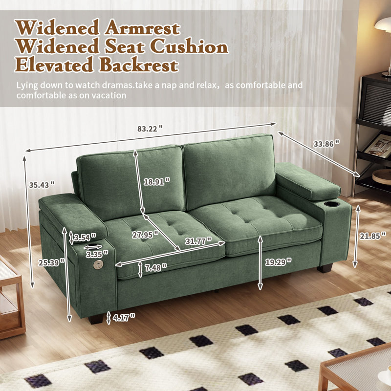 83.22" Modern Luxury Deep Seat Chenille Upholstered Sofas Couches With Solid Wood Frame, Hidden Storage, Green