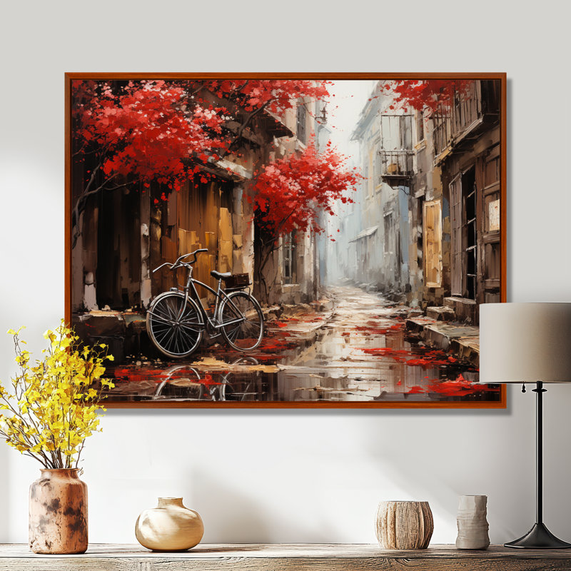 Crimson Ride Red Flowers I - Art mural de bicyclette pour le salon, H 30 po x l 40 po x P 1,5 po, Cadre flottant brun