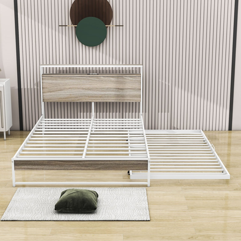 Maroma Metal and Wood Platform Bed with Twin Size Trundle, Full, White
