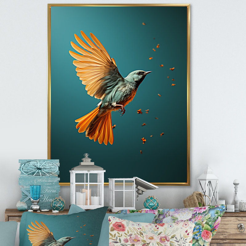 Oiseau contemporain, impression d'art mural, H 32 po x l 24 po x P 1 po, Cadre flottant doré