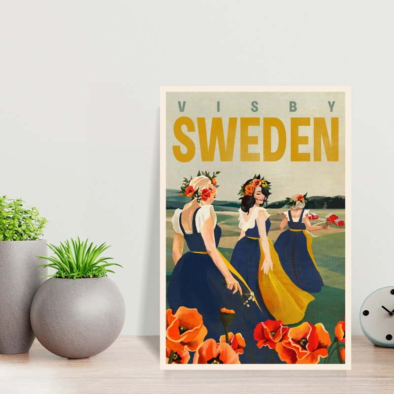 Visby Sweden Flower Girls Traditional Vintage Abstract Poppy Flower Landscape Wall Art Print 1 Piece Wrapped Canvas Wall Art