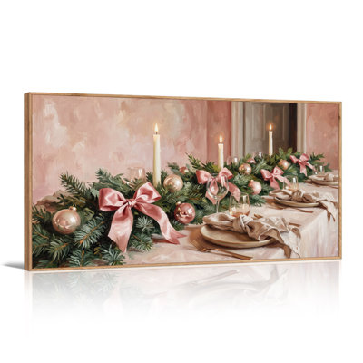 " Pink Ribboned Evergreen Garland on Dining Table Christmas " Painting