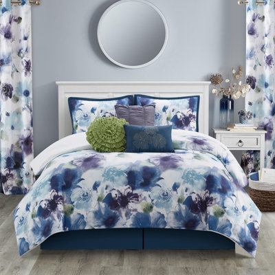 Eyla Blue & Purple 9 Piece Floral Comforter Set