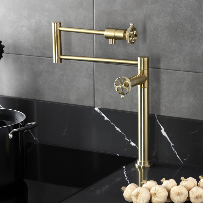 Kingston Brass Webb Two-Handle 1-Hole Deck Mount Pot Filler Faucet with Knurled Handle, Brushed Brass