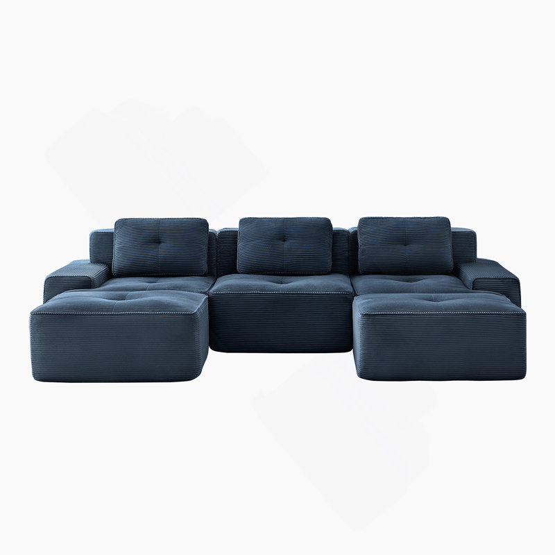 Canapé modulaire en forme de U de 117 pouces, tissu en velours côtelé, siège 3 places profond, siège capitonné mobile, conception sans assemblage, base antidérapante, bleu
