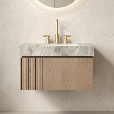 Meuble-lavabo flottant mural Adwin de 30 po (4 finitions) - Armoire pré-assemblée en contreplaqué avec comptoir en pierre frittée gris clair italien et lavabo encastré en céramique