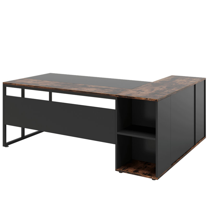 Bureau de direction en L 71 po avec armoire de rangement et tablettes, Brown