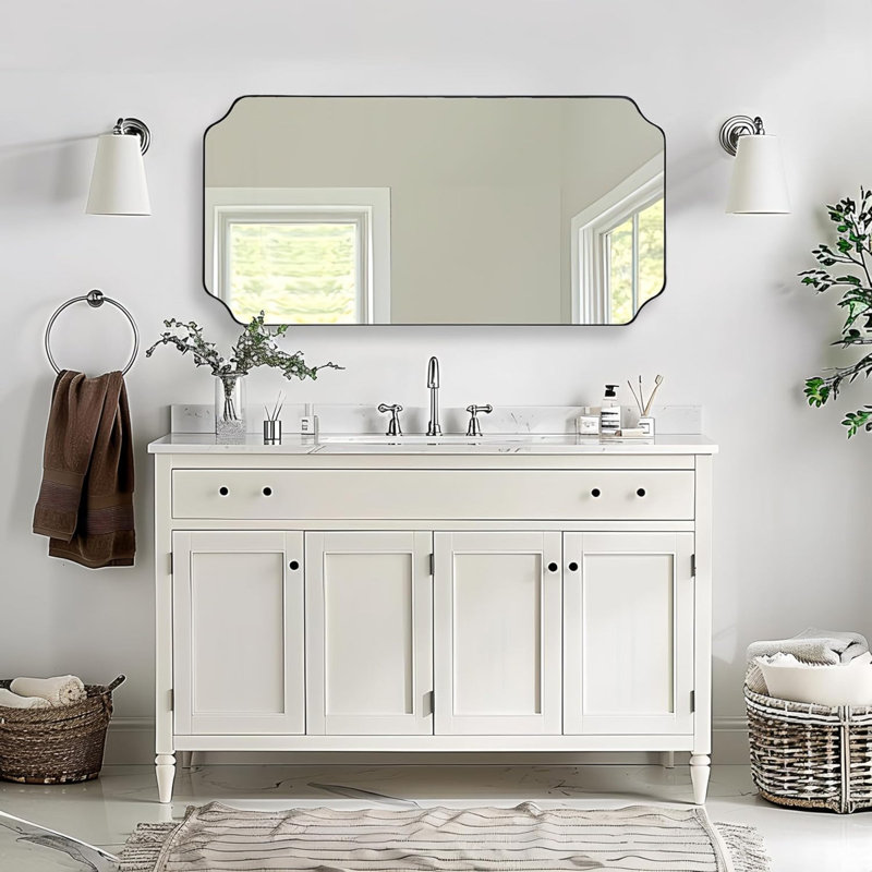 Modern Scalloped Corner Rectangle Bathroom Vanity Mirror | Stainless Steel Frame, Brushed Nickel, 60" x 30"