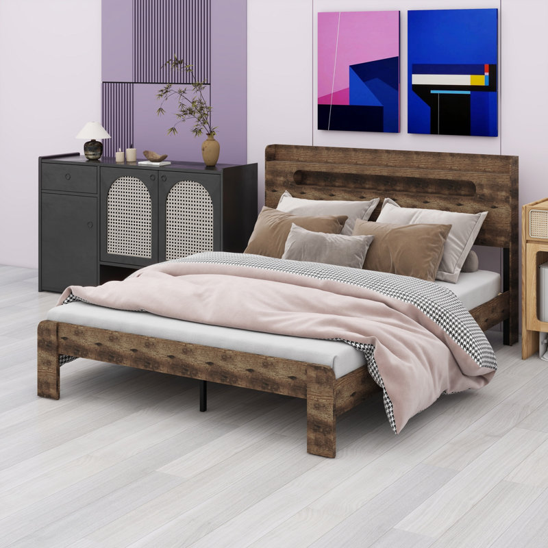 Structure de lit plateforme en bois avec tête de lit à DEL avec rangement et 2 USB, grand rangement sous le lit, Double