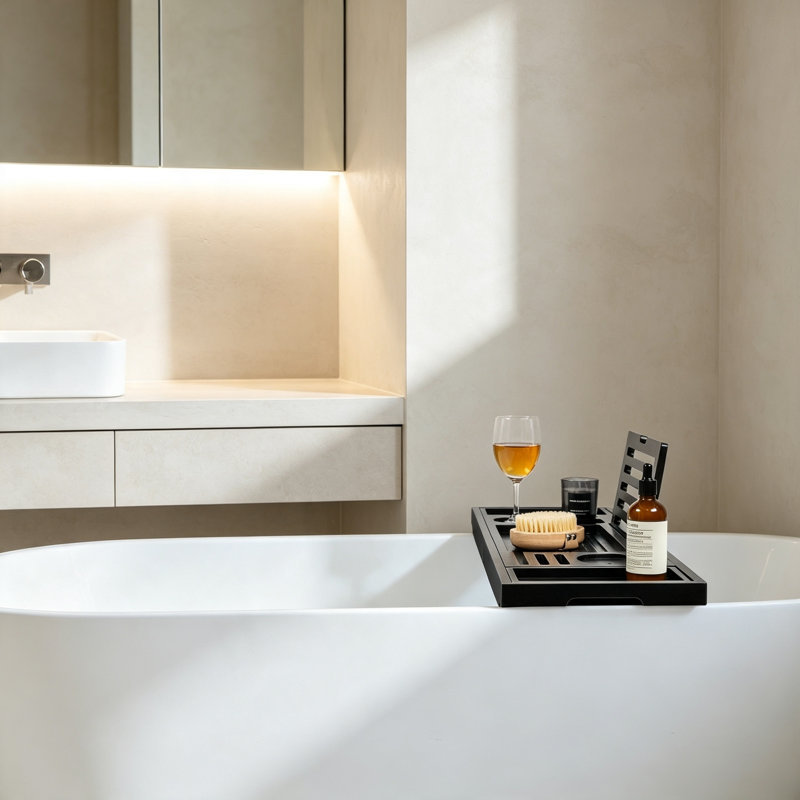 Plateau de baignoire réglable en bambou noir de 28,5 à 40 pouces, 1.4" H x 28" W x  9" D, Linear Black