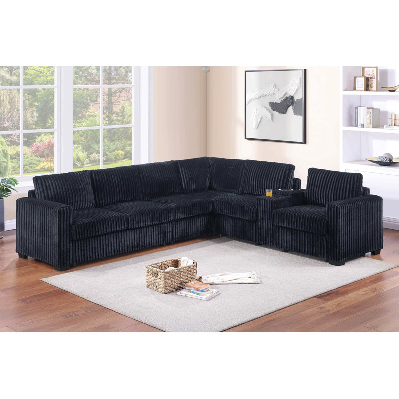 Modern Style L-Shape 4Pc Sectional Set Reversible Loveseat Usb Ports Cup Holder Armless Chair Plastic Legs Corduroy Upholstered Primary Living Room