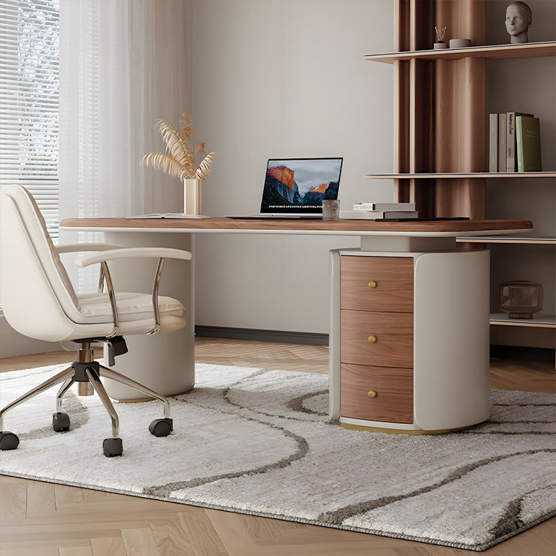 Bureau en bois massif de 70,87 po de style placage de noyer de couleur crème, H 29,53 po x l 70,87 po x P 27,56 po