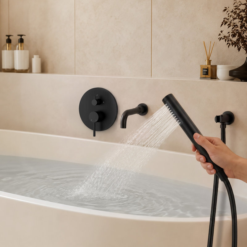 Robinet de baignoire mural avec valve à pression équilibrée et douche à main, Noir mat