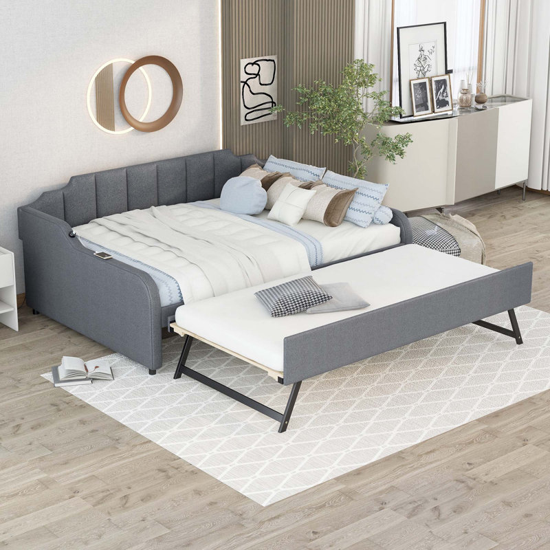Full Size Upholstery Daybed With Trundle And USB Charging Design,Trundle Can Be Flat Or Erected, Gray, Full/Double