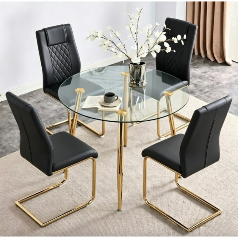 Olaitan Modern 5-Piece Round Tempered Glass Dining Set with Cantilever Chairs and Metal Chrome Legs, Black, Gold